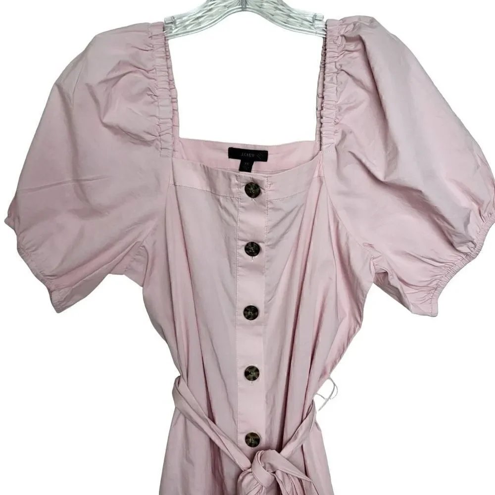 J.Crew Cottage Pink Puff Sleeves Midi Button Up Belted Dress Size XS